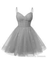 Womens V Neck Tulle Spaghetti Straps Silver Gray Homecoming Dresses with Corset Back Short Prom Gowns for Teens
